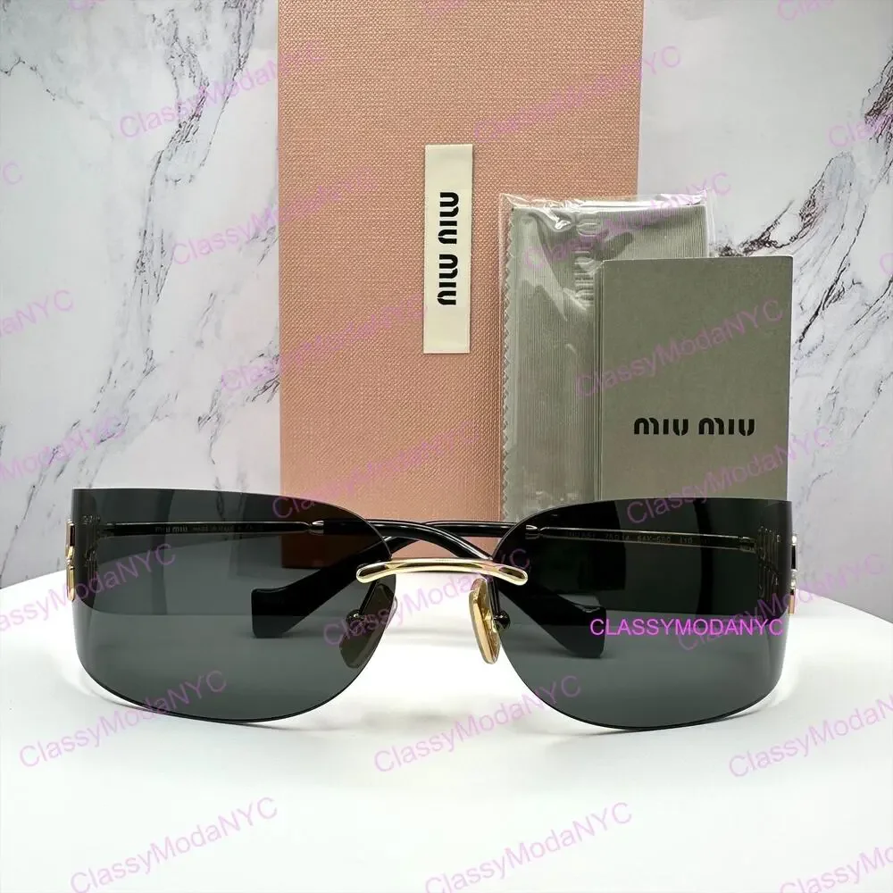 New MIU MIU Sunglasses Gold Dark Gray Lens Runway Wrap Rimless Authentic Miu Miu